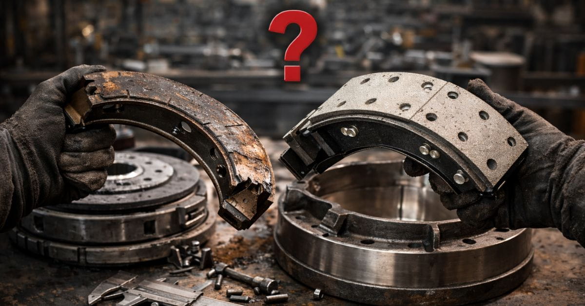 Comparison of worn brake lining and relined brake shoe during friction system overhaul in industrial workshop