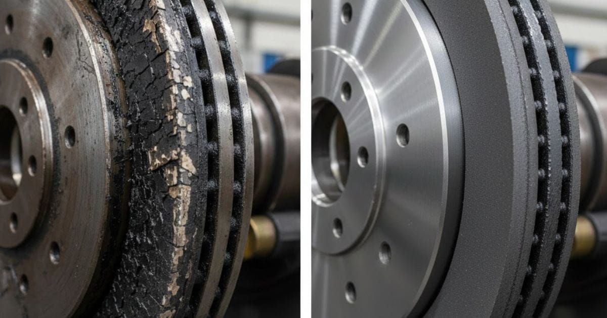 Industrial brake drum and relined brake shoes during brake overhaul process in workshop